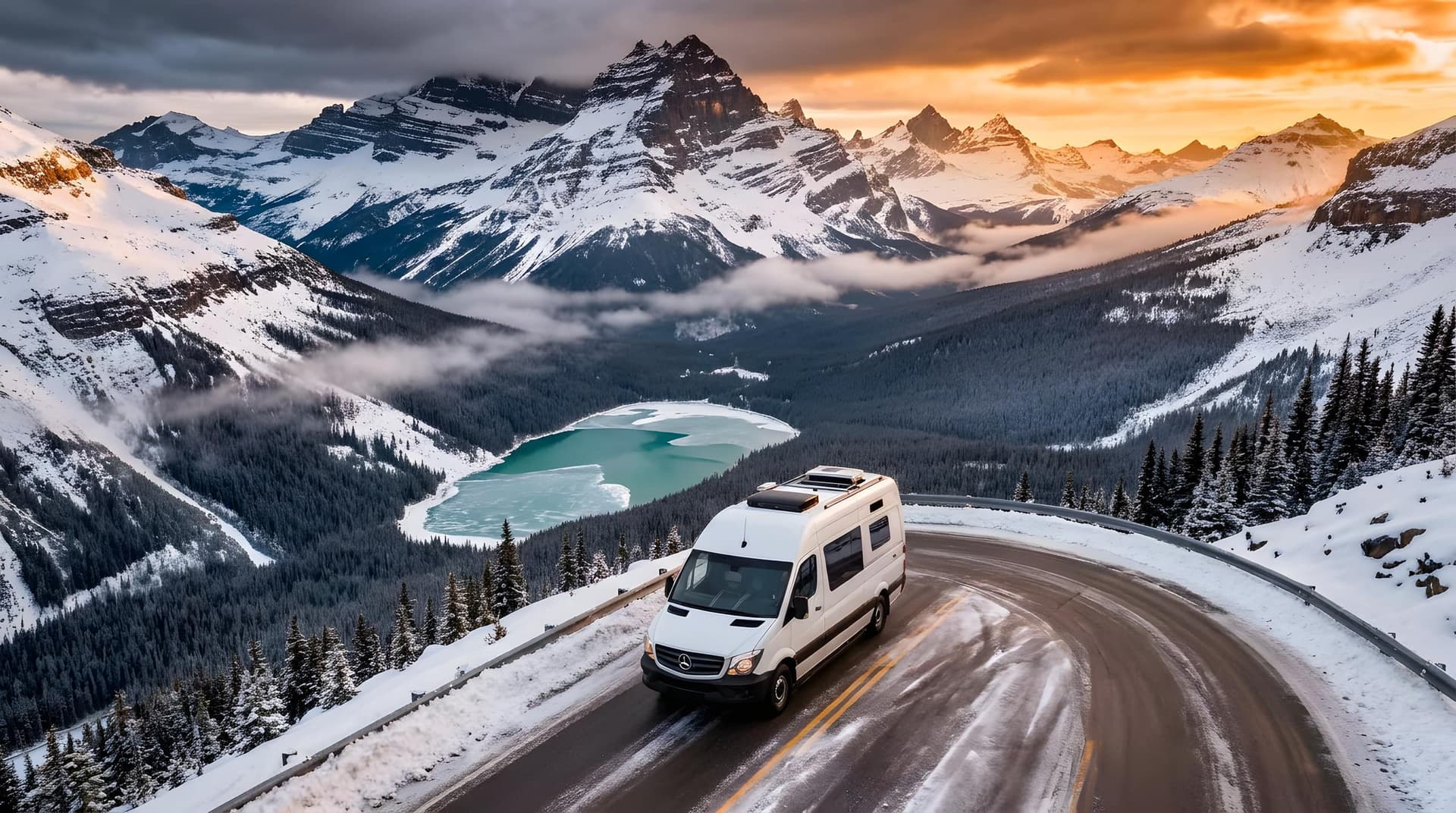 Mercedes Sprinter camper van driving a snowy mountain road above a frozen turquoise lake at sunset